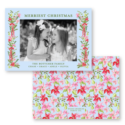 Petals and Pears Frame Blue Horizontal Card | 5x7 Holiday Photo Card with Envelope