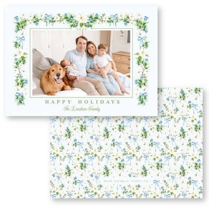 Merry Magnolias in Blue | 5x7 Holiday Photo Card with Envelope