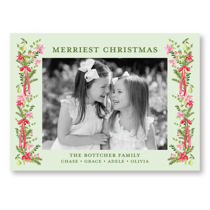 Petals and Pears Frame Green Horizontal Card | 5x7 Holiday Photo Card with Envelope