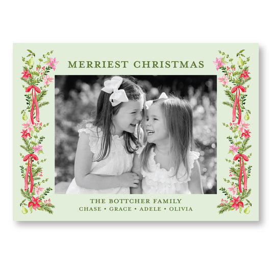 Petals and Pears Frame Green Horizontal Card | 5x7 Holiday Photo Card with Envelope