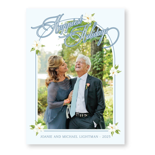 Merry Magnolias Arch  in Blue, | 5x7 Holiday Photo Card with Envelope
