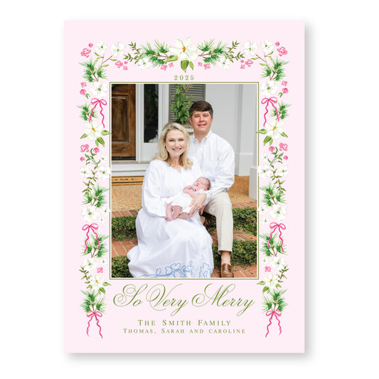 Merry Magnolias in Pink | 5x7 Holiday Photo Card with Envelope