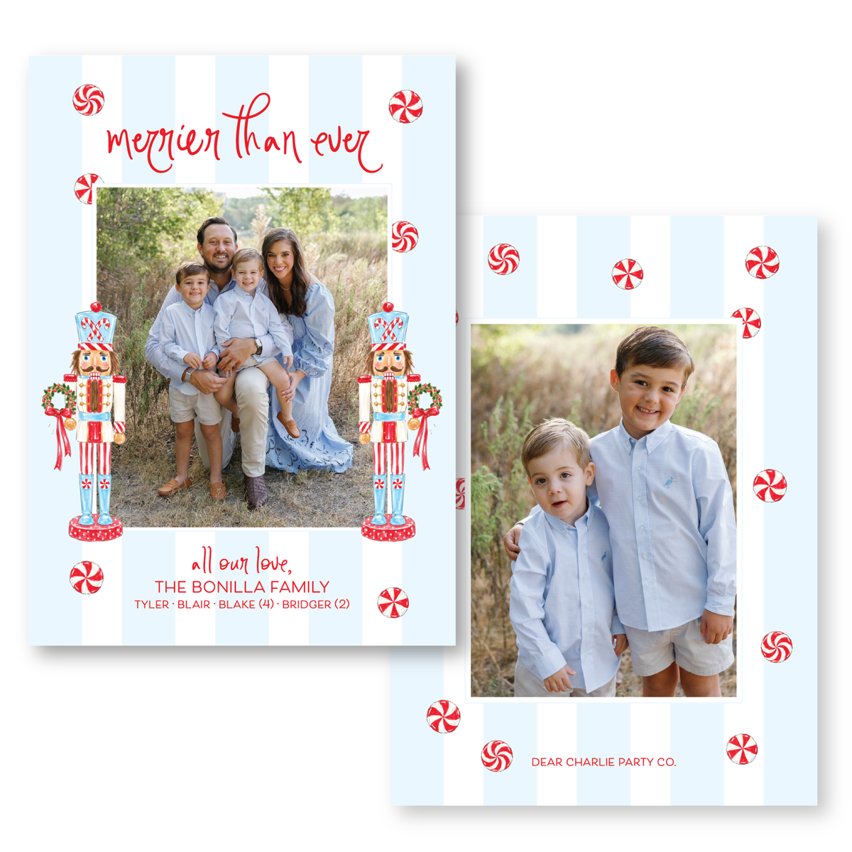 The image is a holiday-themed card featuring a family portrait of a man, woman, and two children. The card has a blue and white striped background with red and white candy canes and nutcracker figures. The text on the card reads "merier than ever" and "all our love, THE BONILLA FAMILY TONY BLAKE (BRIDGER)".