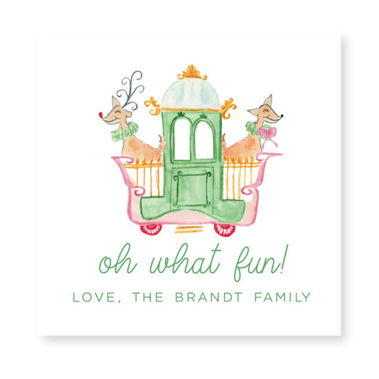 a card with a horse drawn carriage and the words oh what fun love, the