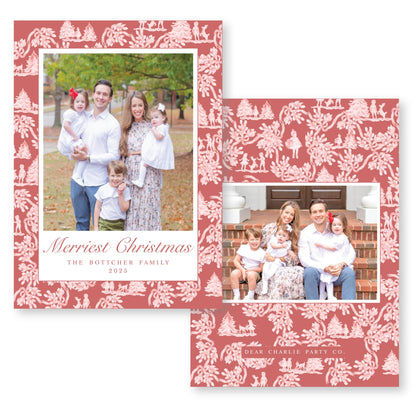 Holiday Toile Christmas Card, Red | 5x7 Holiday Photo Card with Envelope