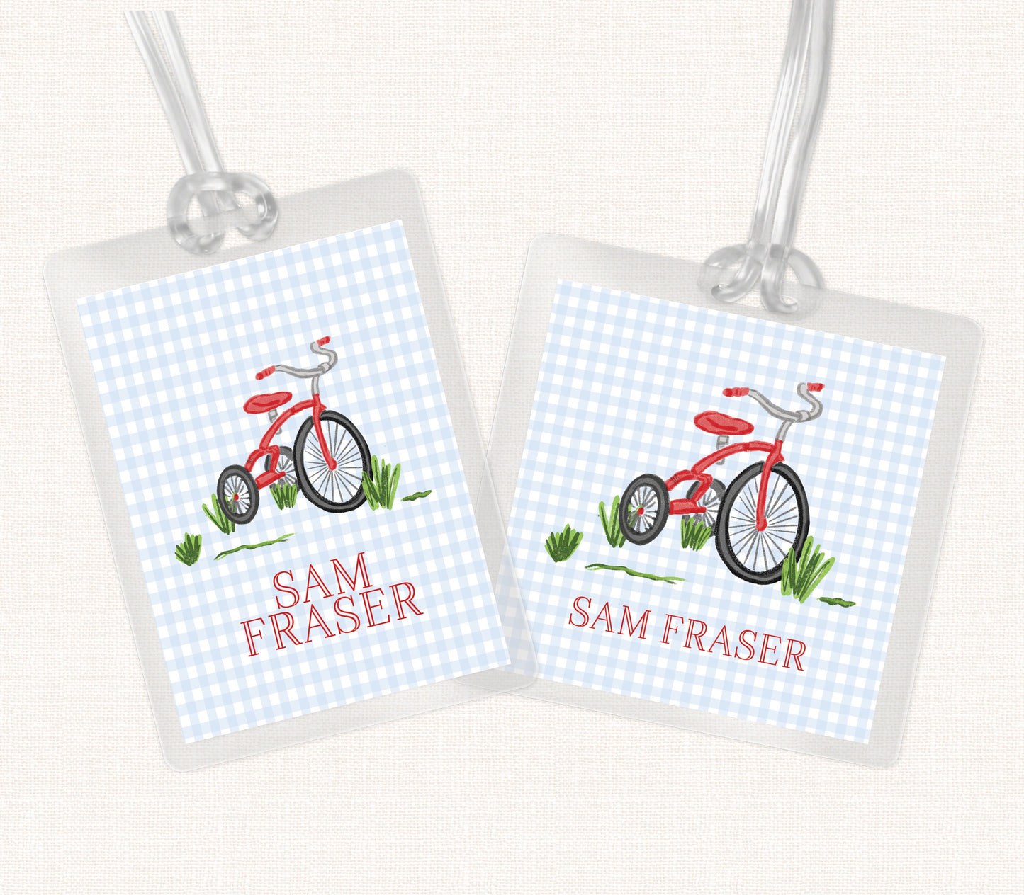 Blue Gingham Tricycle Bag Tag, Luggage Tag, Boy Bag Tag, Laminated Bag Tag, Boy Bag Tag