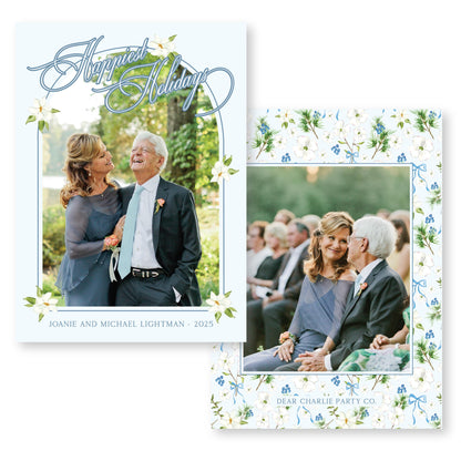 Merry Magnolias Arch  in Blue, | 5x7 Holiday Photo Card with Envelope