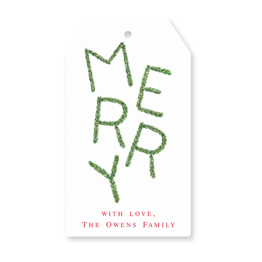 a tag with the words merry written on it