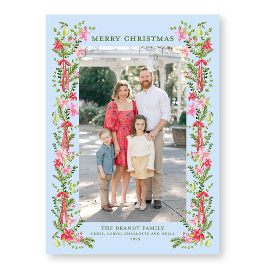 Petals and Pears Frame Card in Blue | 5x7 Holiday Photo Card with Envelope