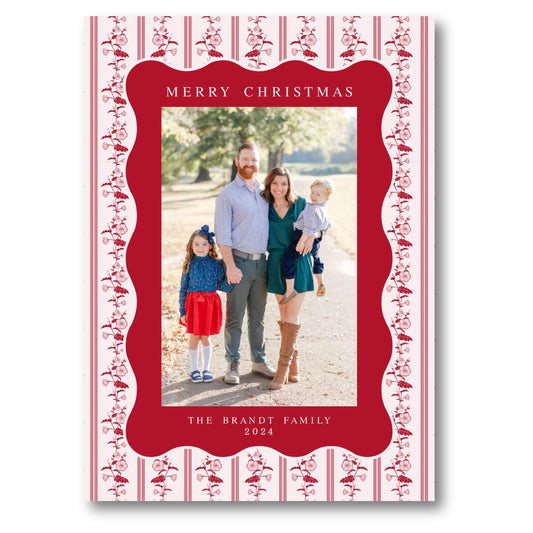 a family christmas card with a red border