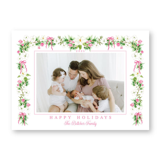 Merry Magnolias in Pink | 5x7 Holiday Photo Card with Envelope