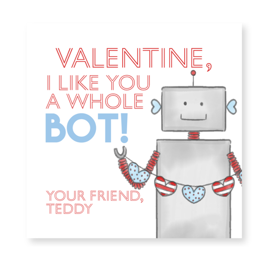 a valentine card with a robot holding a heart