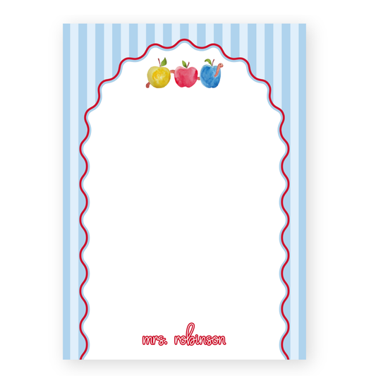a blue and white striped border with apples on it