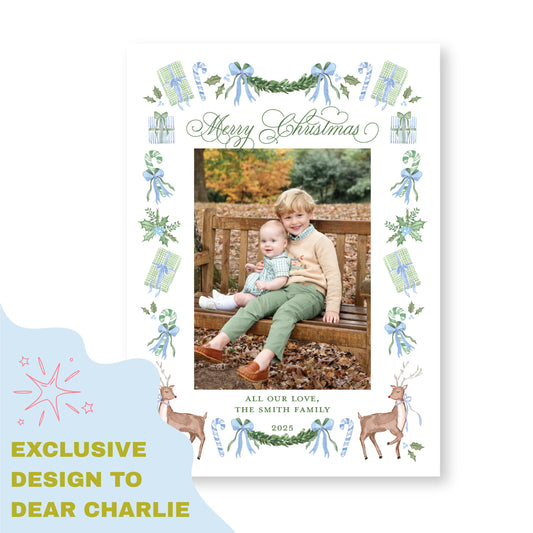 Exclusive Art | Reindeer and Ribbons, Blue Holiday Card | 5x7 Holiday Photo Card with Envelope