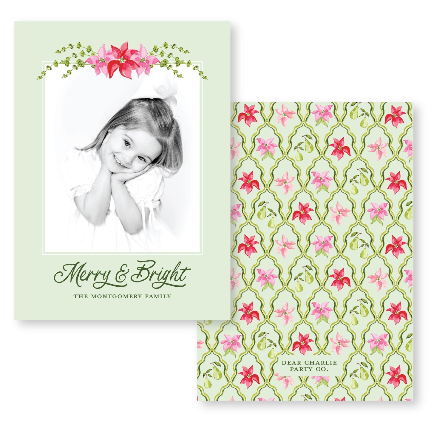Petals and Pears Card in Green | 5x7 Holiday Photo Card with Envelope