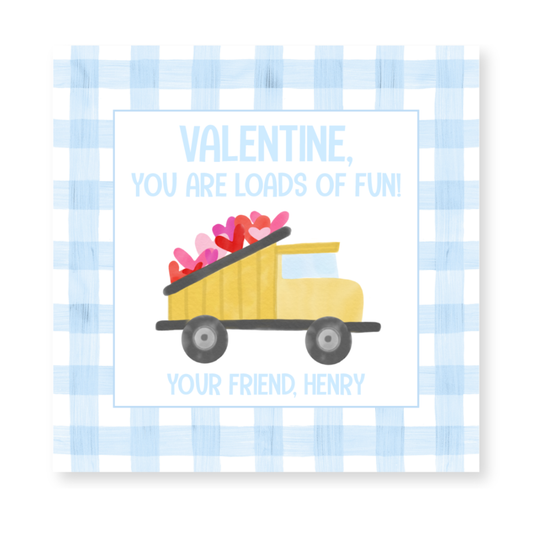 a card with a yellow truck filled with hearts